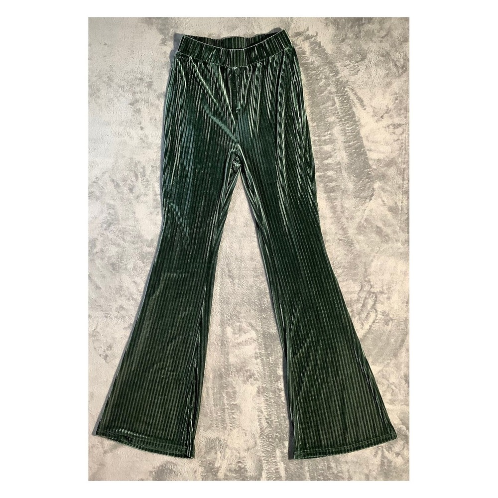 Women's Green Velour Bell Bottom Pants Size L Flare‎ Leg